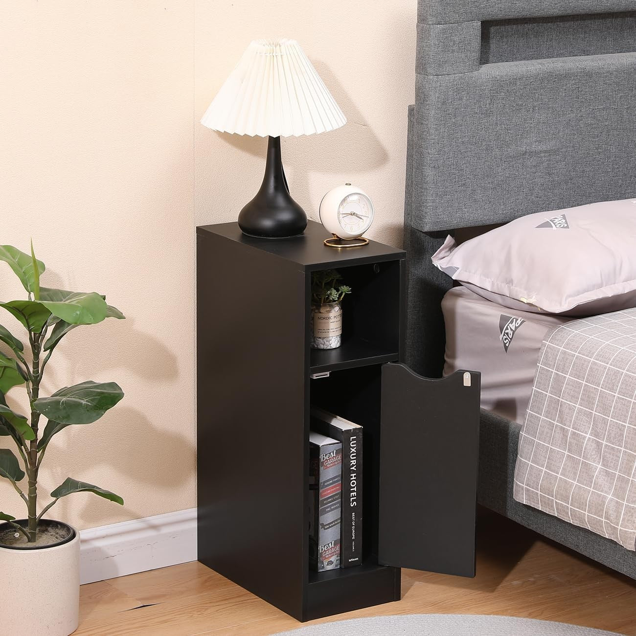 Slim Black Bedside Table with Drawer & Shelf, Modern Narrow Nightstand Storage