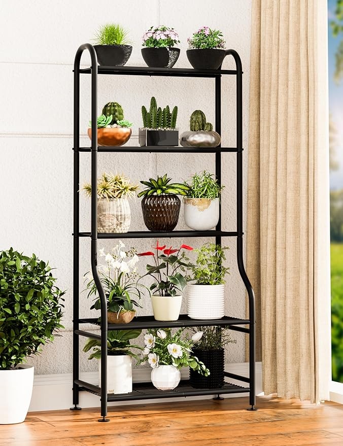 5 Tier Metal Plant Stand Indoor Outdoor Waterproof Tall Flower Shelf Black