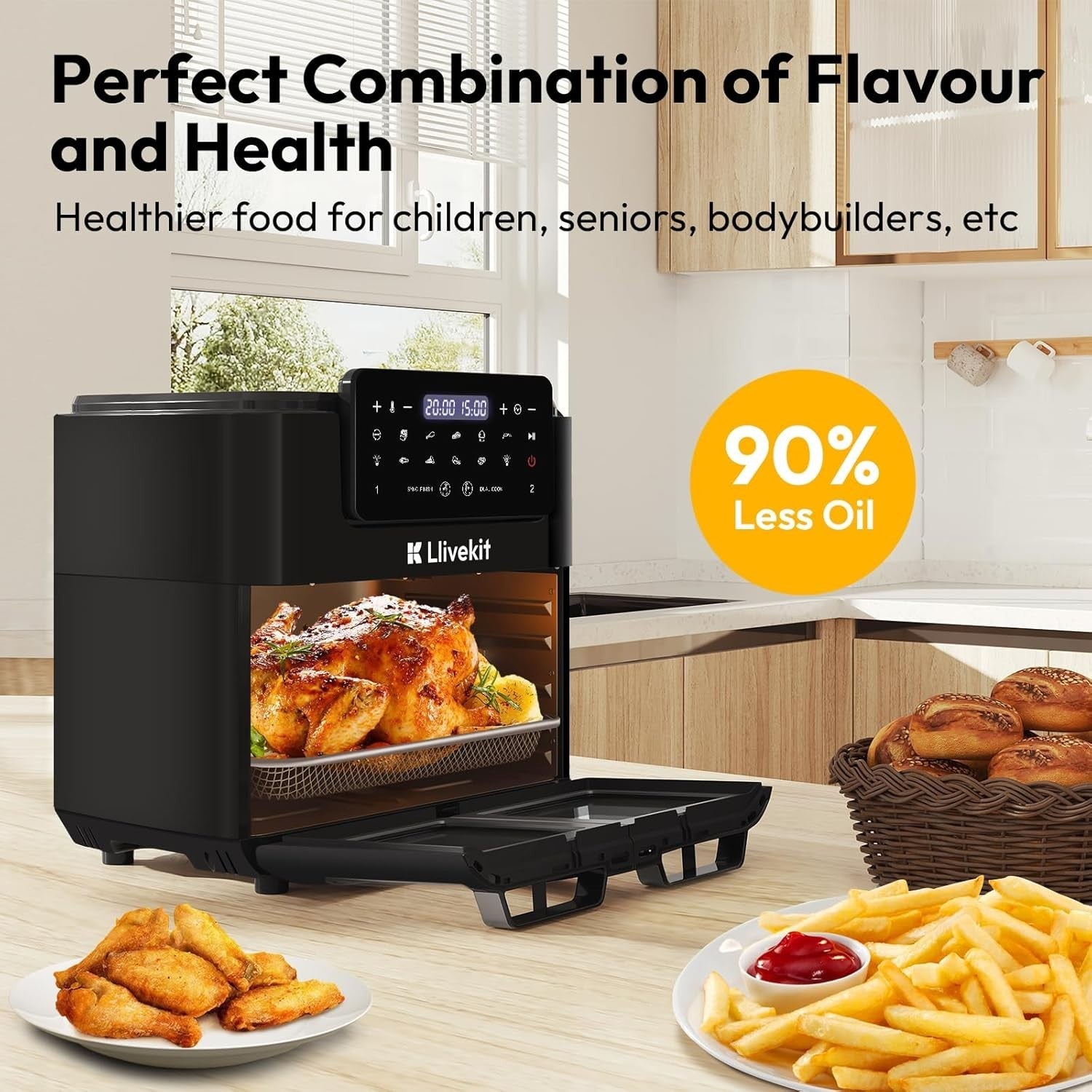 15L Dual Zone Air Fryer Oven Rotisserie 2600W 12in1 Sync Finish