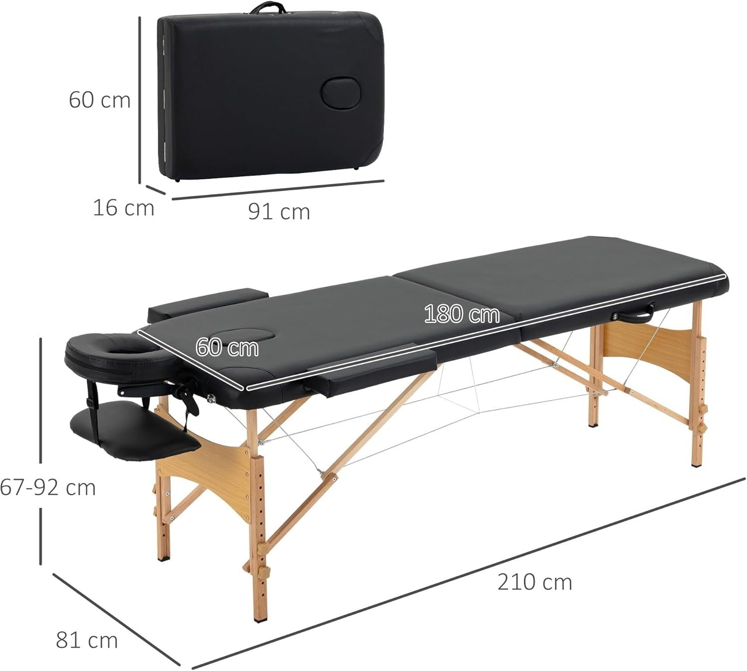 Portable Massage Table Folding 2-Section Wooden Beauty Spa Bed w/ Bag Black