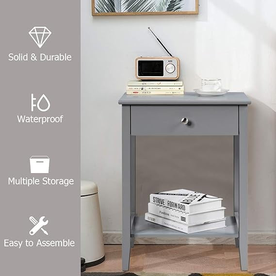 Grey Bedside Table with Drawer & Shelf | Compact Nightstand Storage | Solid Wood