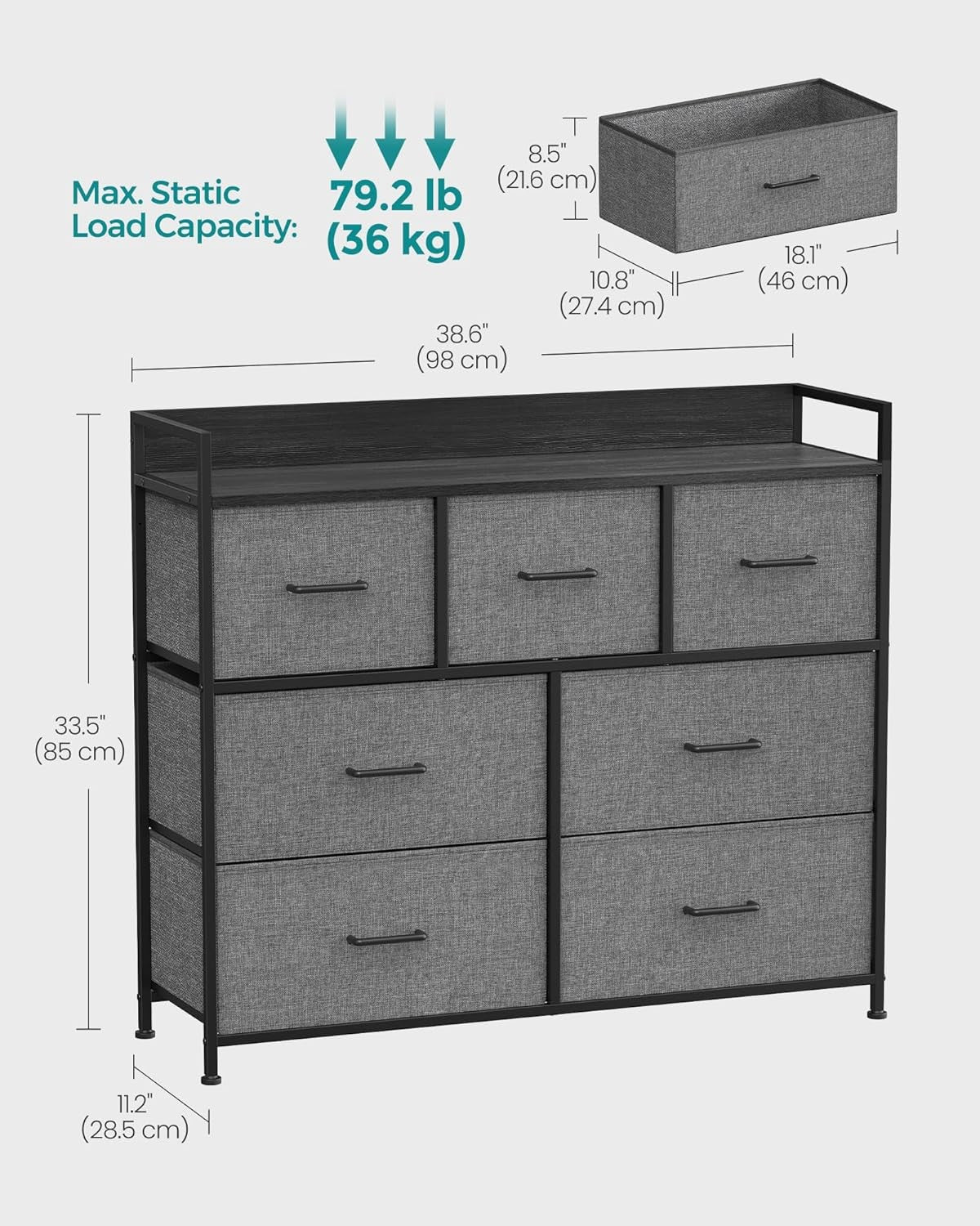 7 Drawer Chest Slate Grey Fabric Storage Cabinet Modern Bedroom Dresser