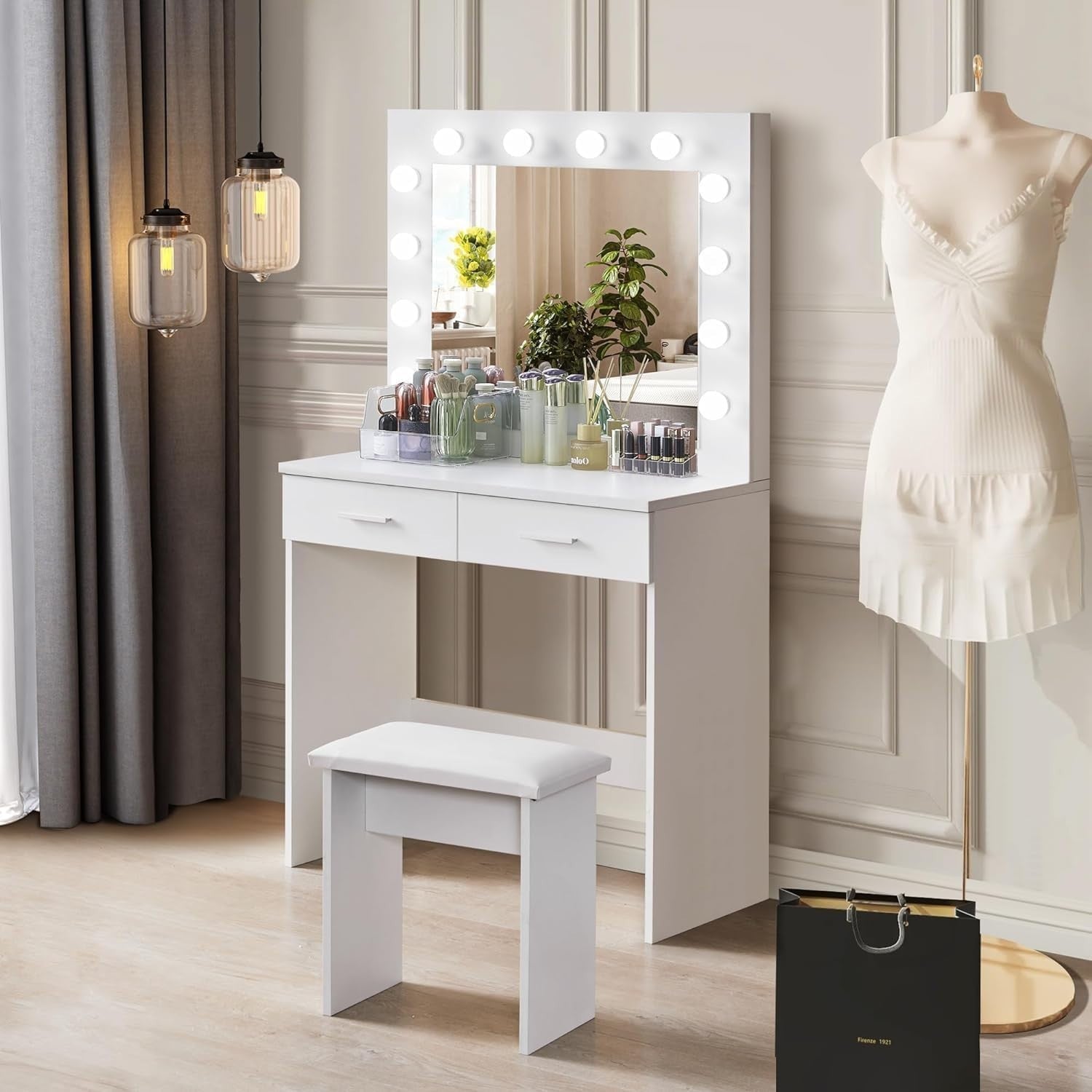 White LED Vanity Dressing Table Makeup Desk Stool Set 2 Drawers Storage Mirror