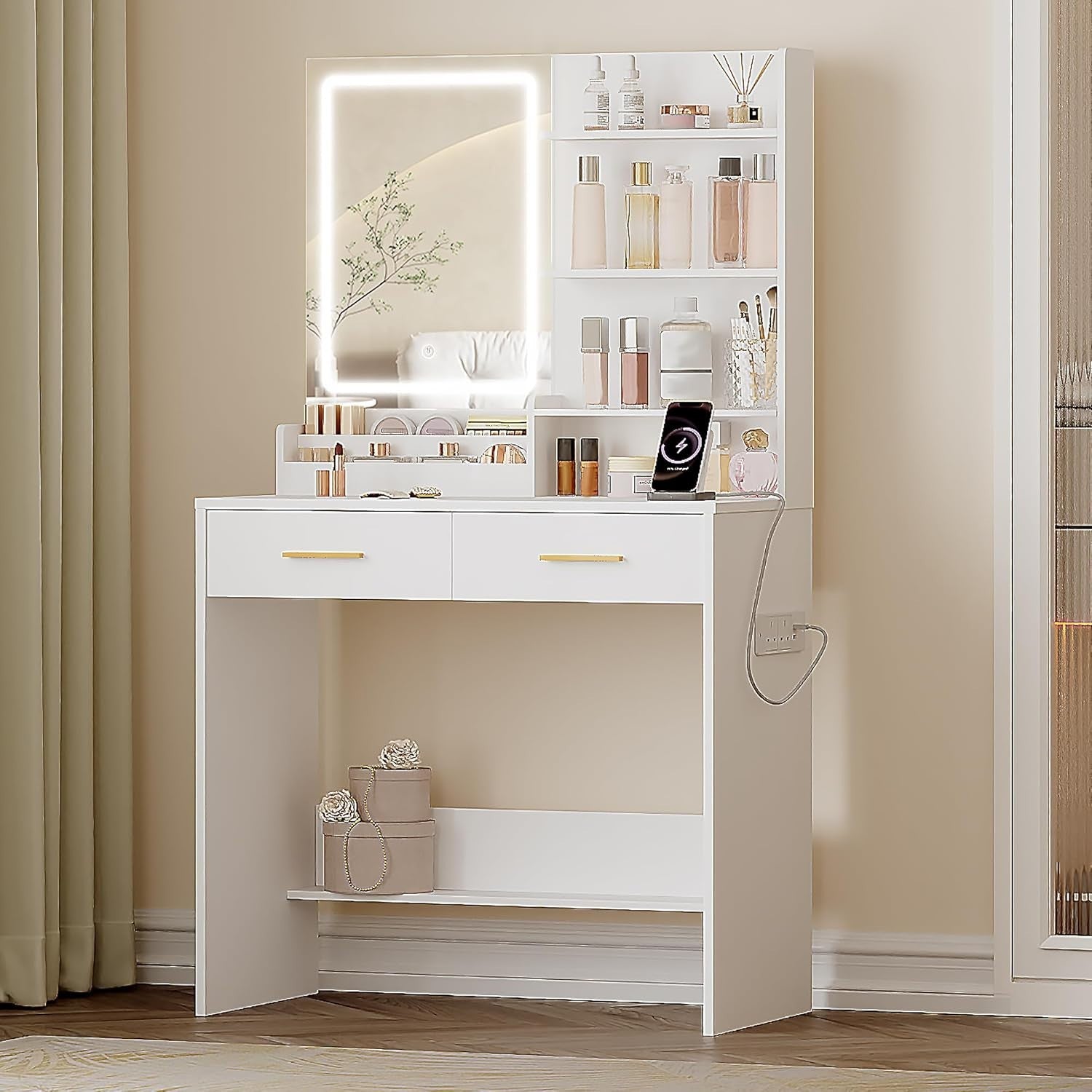 White Vanity Desk with LED Mirror & Charging Station Makeup Table Storage
