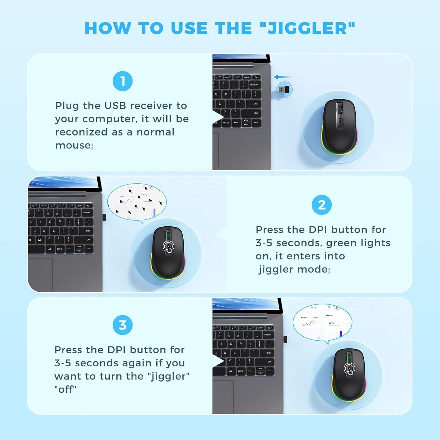 Black RGB Wireless Mouse Rechargeable Silent USB Jiggler