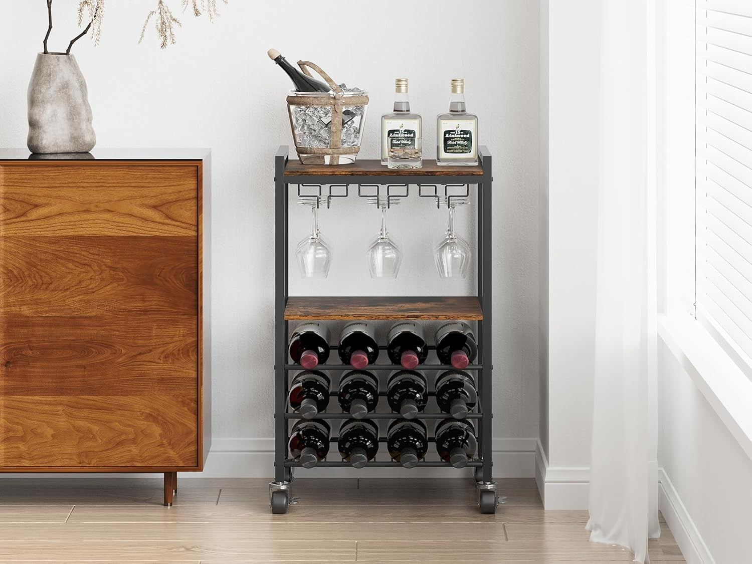 Wine Rack Trolley on Wheels 12 Bottle Bar Cart Glass Holder Drinks Storage