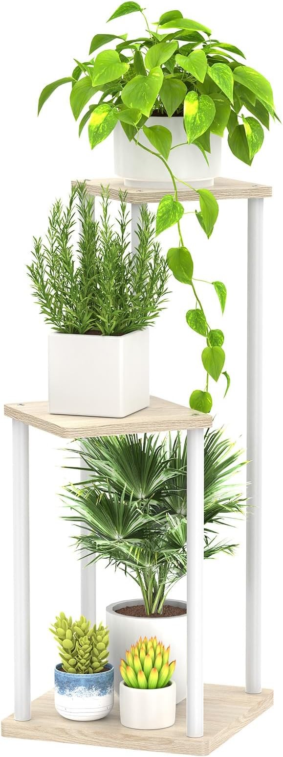 3 Tier White Metal Wood Plant Stand Indoor Outdoor Corner Display Shelf Rack