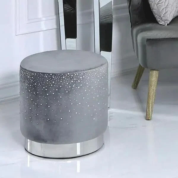 Grey Round Velvet Stool with Sparkle Diamante Detail – Compact Ottoman Seat