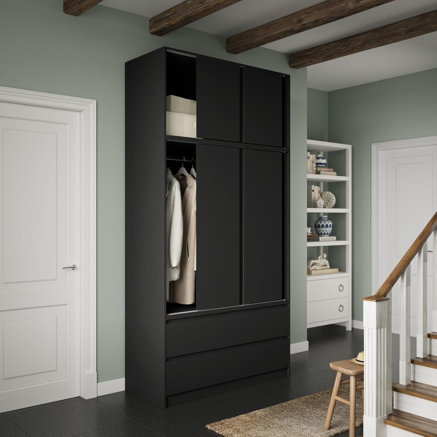 Black 6 Door Sliding Wardrobe with Drawers 240cm Modern Closet Storage