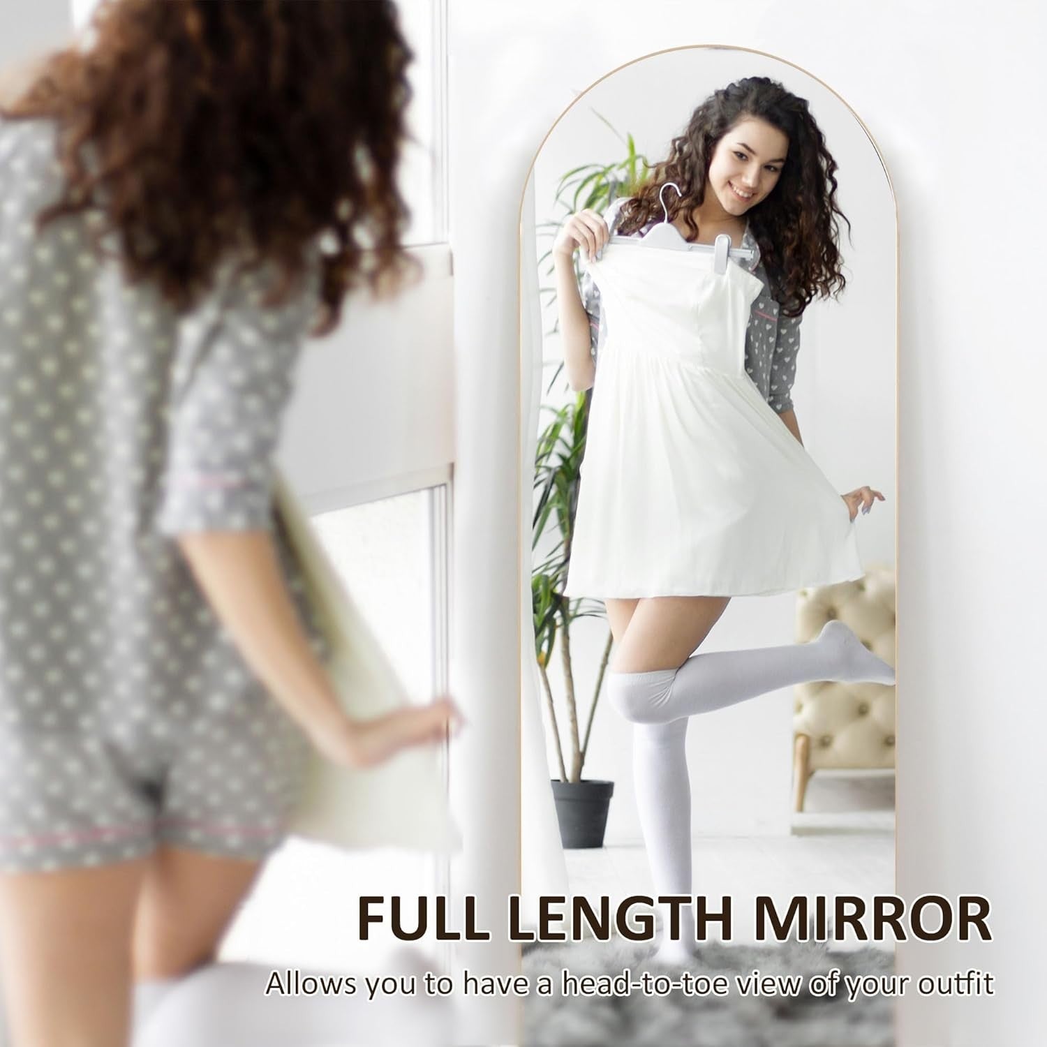 Full Length Arched Frameless Wall Mirror 50x150cm Gold Tone Stand Lean
