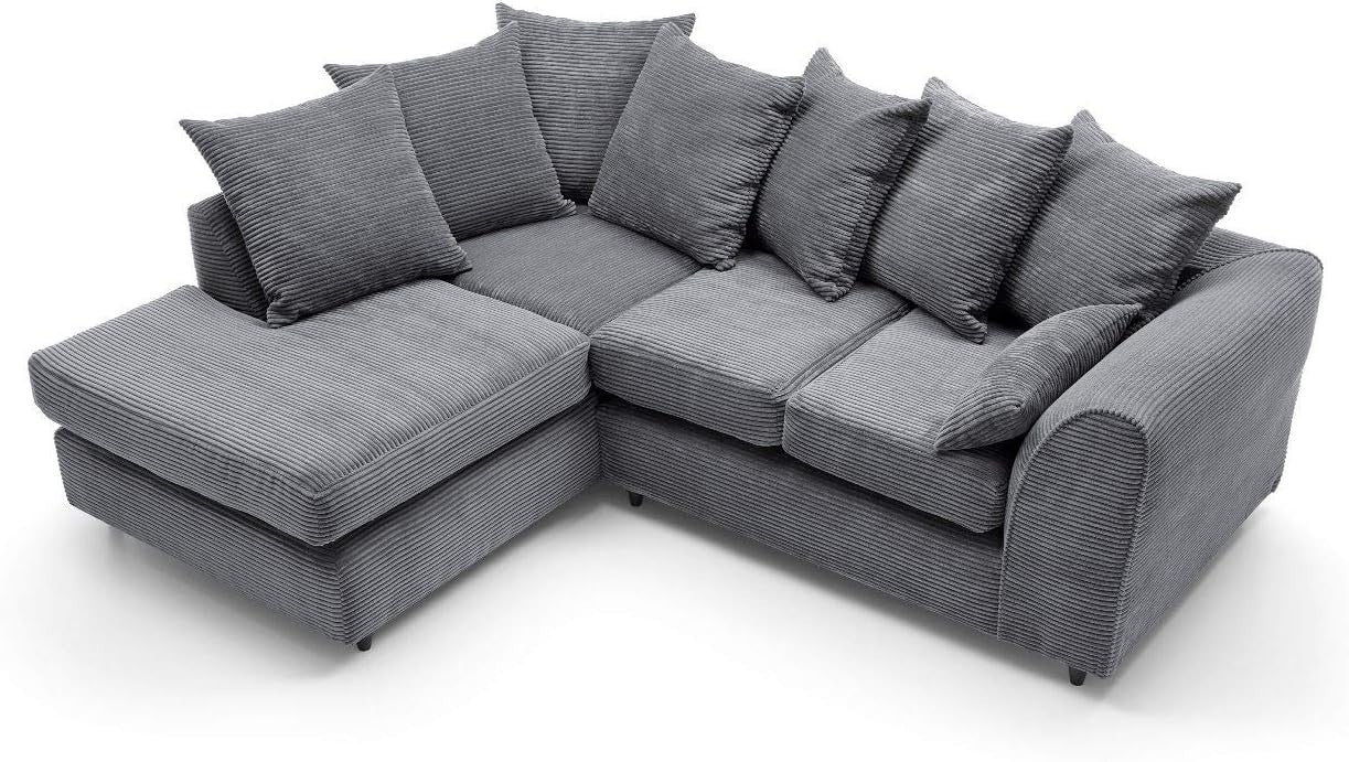 L Shaped Corner Sofa Jumbo Cord Fabric Deep Cushions Grey 212cm Wide