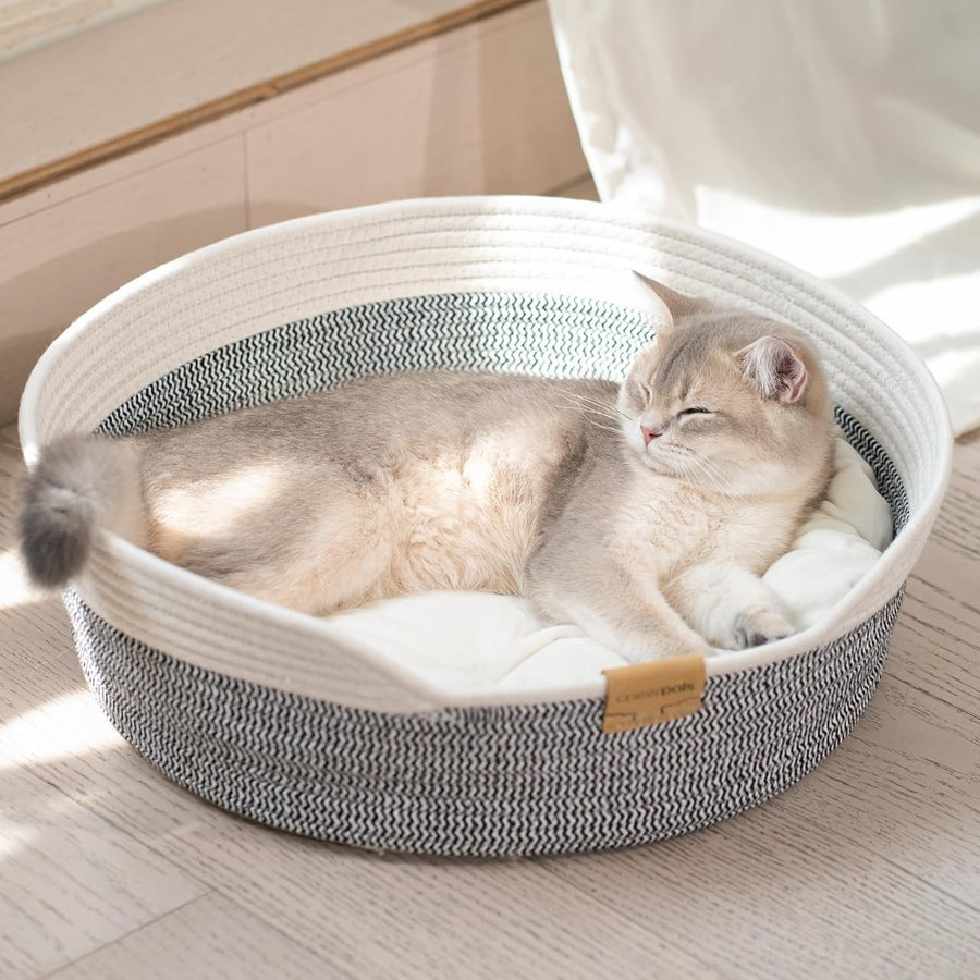 Washable Cat Bed Basket 47cm Cotton Rope Woven Cushion All Breed