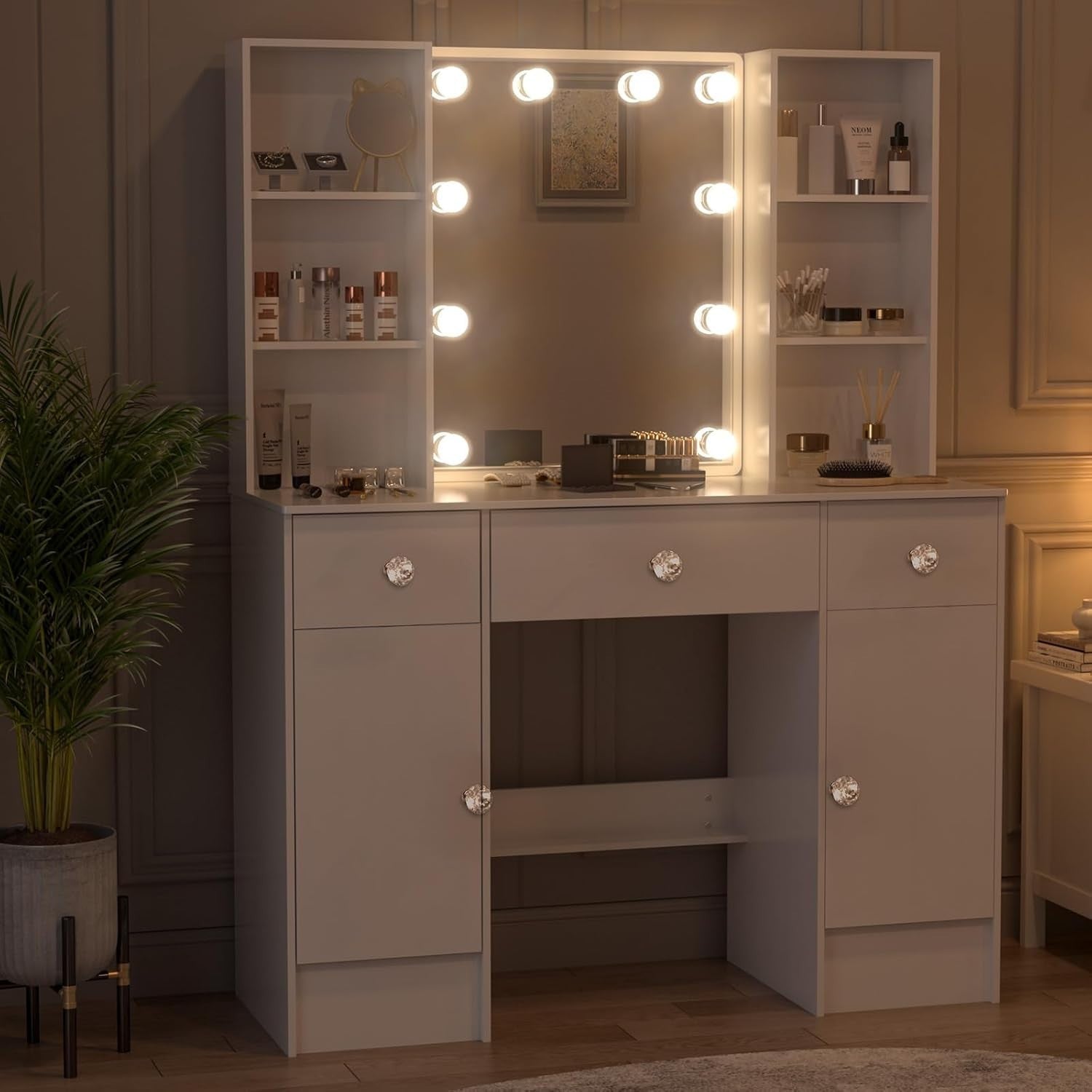 White Vanity Makeup Dressing Table LED Mirror 3 Drawers Crystal Handle Desk
