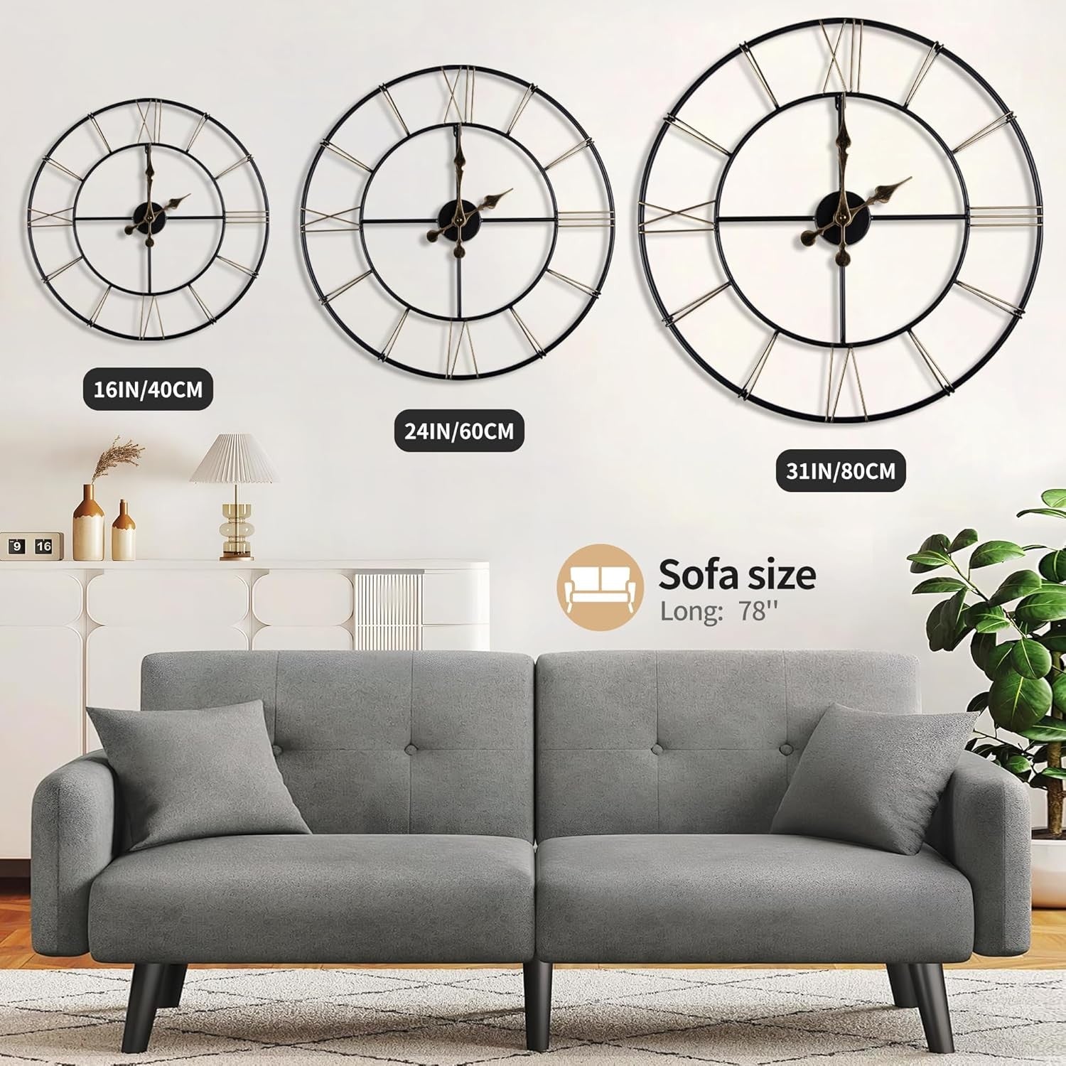 Modern 40cm Metal Wall Clock Silent Roman Numeral Skeleton Home Decor
