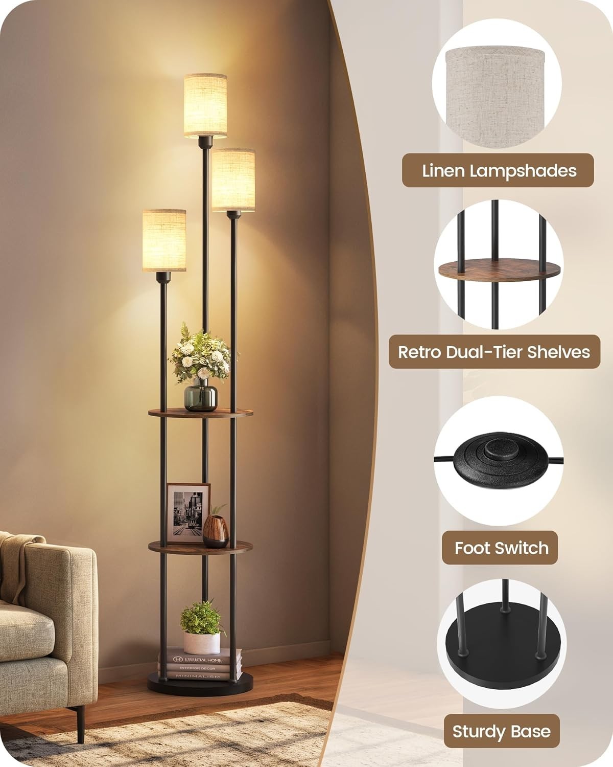 Industrial Floor Lamp with Shelves 3 Light Linen Shades Standing Lamp
