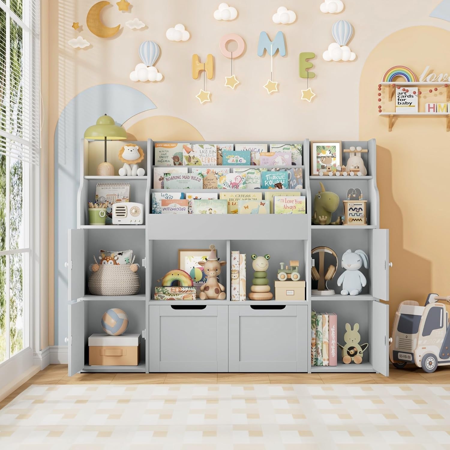 3-Tier Kids Toy Storage Unit with Drawers & Doors, Bookshelf 122x30x100cm