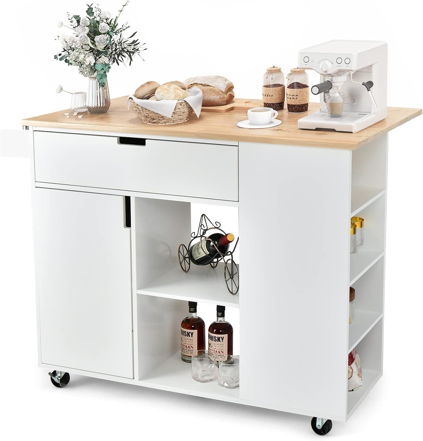 Kitchen Island Trolley Cart w/ Wheels, Foldable Worktop, Storage Shelves