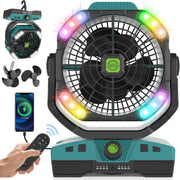 Cyan Camping Fan – 20000mAh Rechargeable w/ LED Light, RGB Ring & Remote Timer