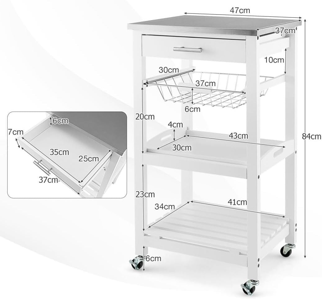 4 Tier Kitchen Trolley Stainless Steel Top Cart White