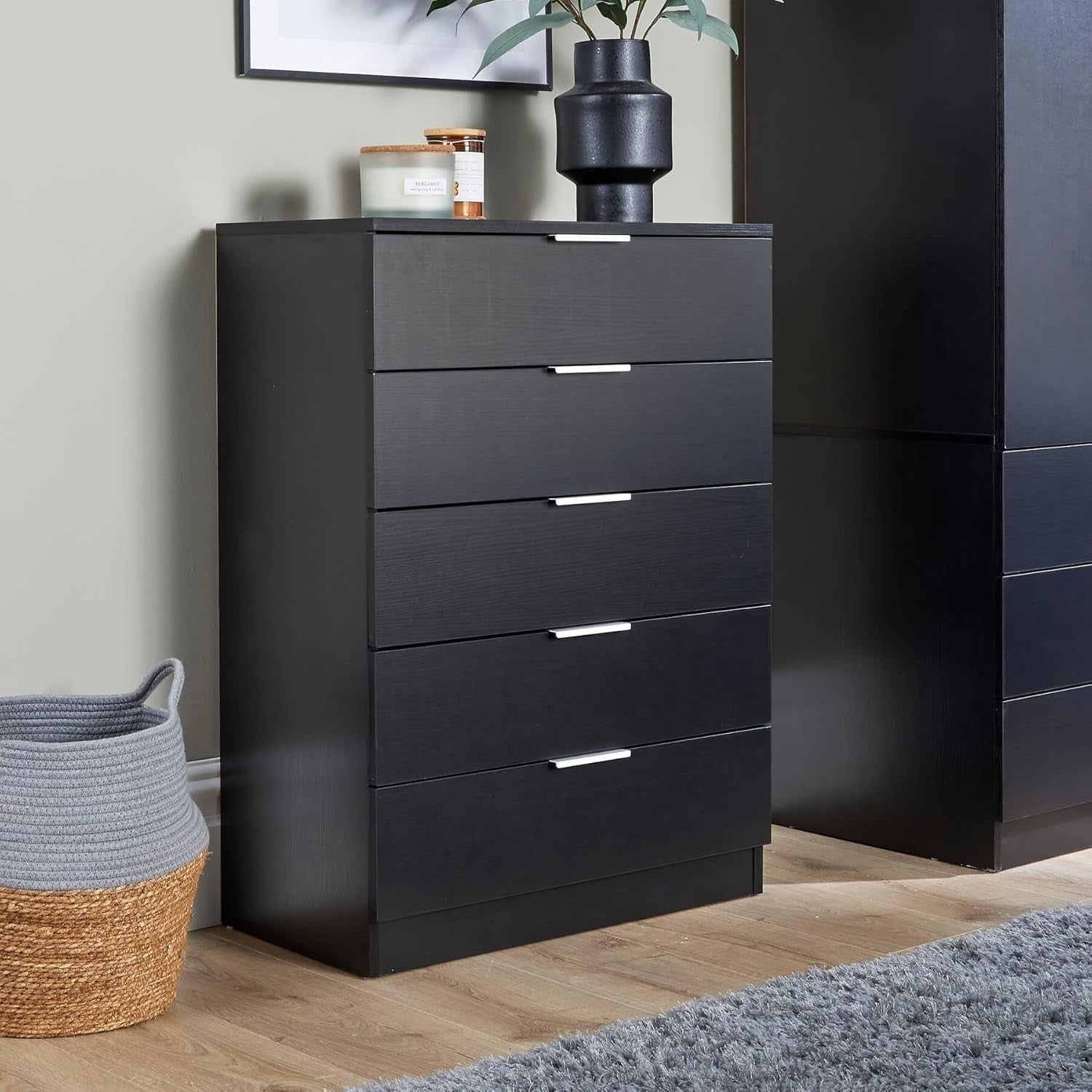 Black 5 Drawer Chest Tall Bedroom Storage Cabinet Slim Modern Unit