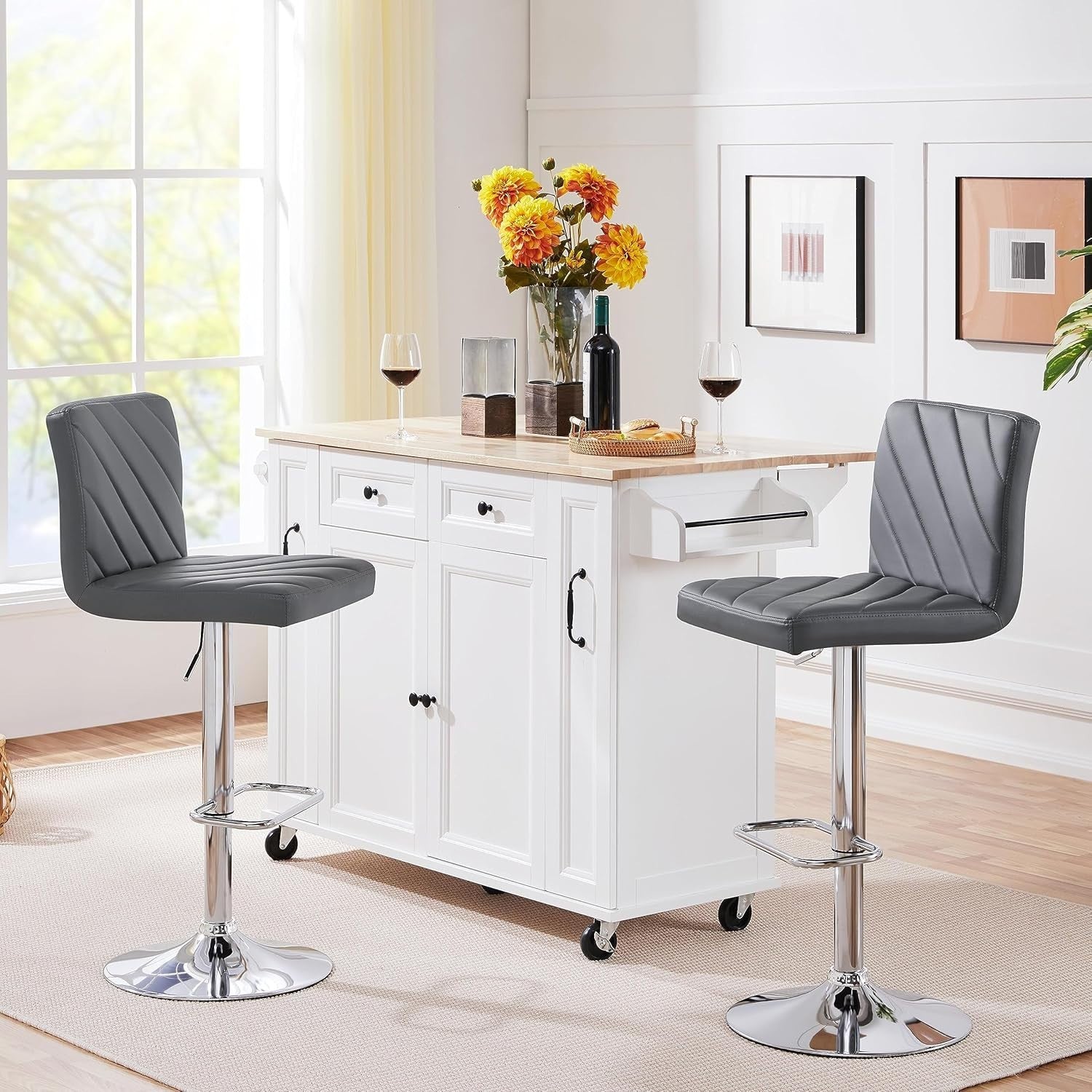Dark Grey Adjustable Swivel Bar Stools Set of 2 Faux Leather Chairs