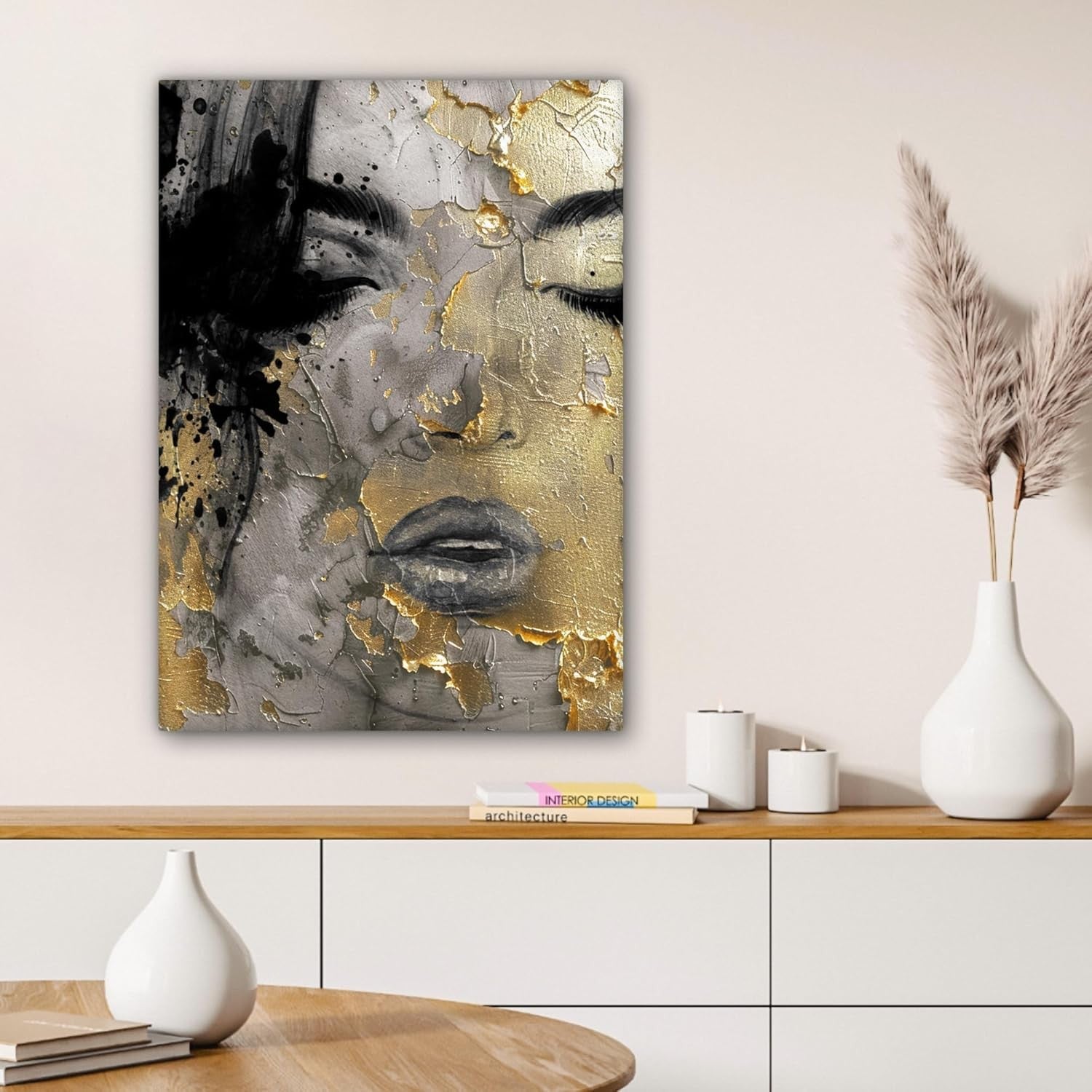 Abstract Woman Canvas Wall Art 60x80cm Framed Gold Black