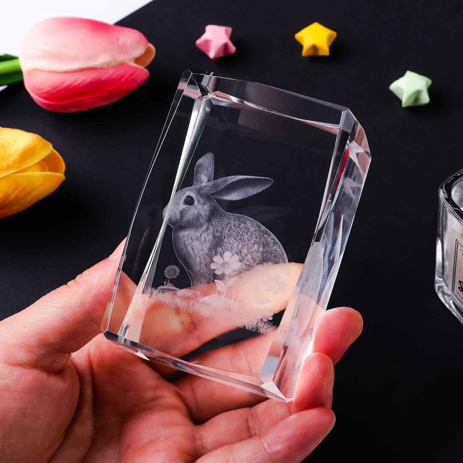 3D Crystal Rabbit Figurine with LED Base • Engraved Glass Bunny Night Light Gift