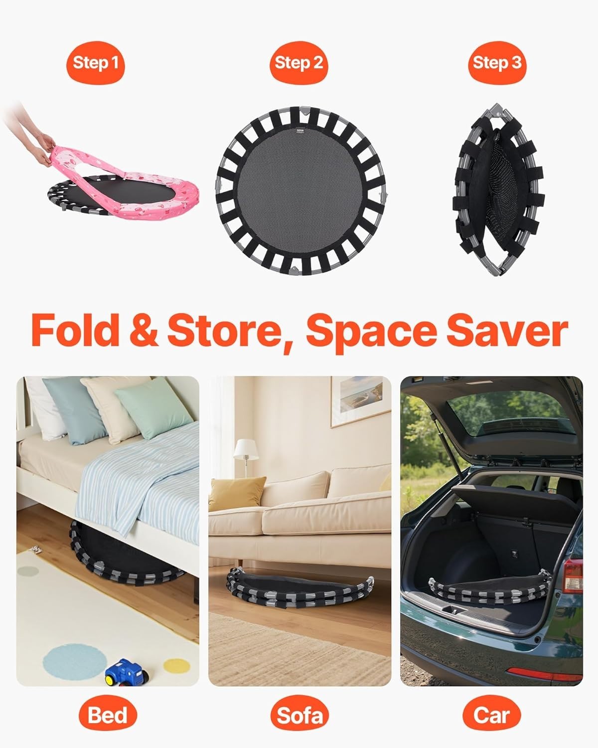 36'' Kids Mini Trampoline Foldable Quiet Rebounder Handle Indoor Outdoor