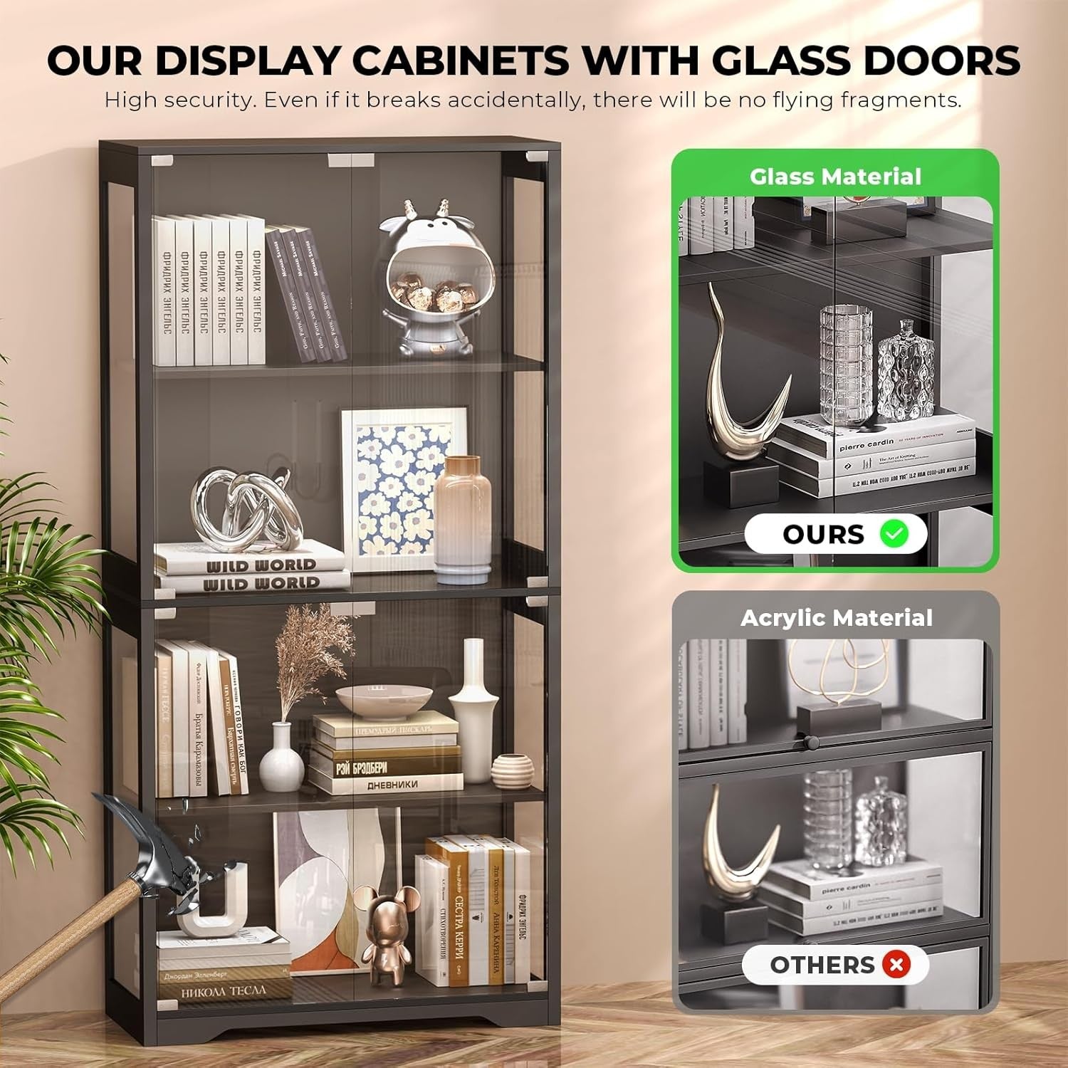 LED Display Cabinet with Glass Doors, Sensor Lighting, Tall Storage Shelf