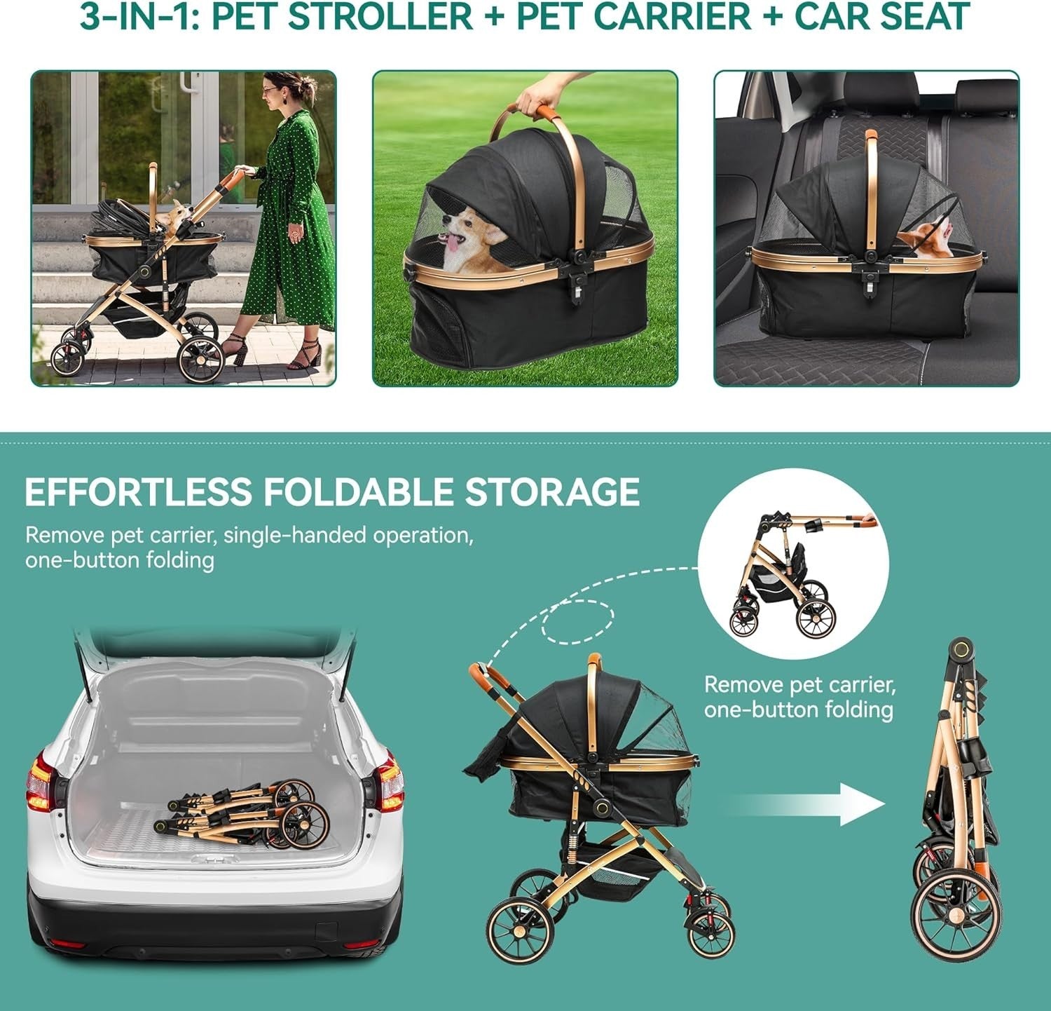 3in1 Pet Stroller Dog Cat Buggy Foldable Lightweight 22kg Black