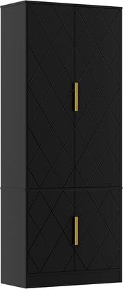 Tall Kitchen Cupboard Black 4-Door Buffet Cabinet Storage Unit