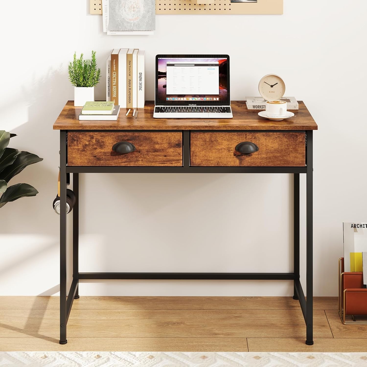 Computer Desk with Drawers Rustic Brown Black Home Office Study Table
