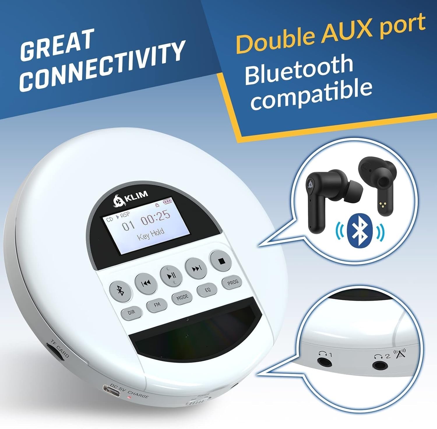 Portable CD Player Bluetooth FM Radio TF Card Rechargeable White w/ Earbuds