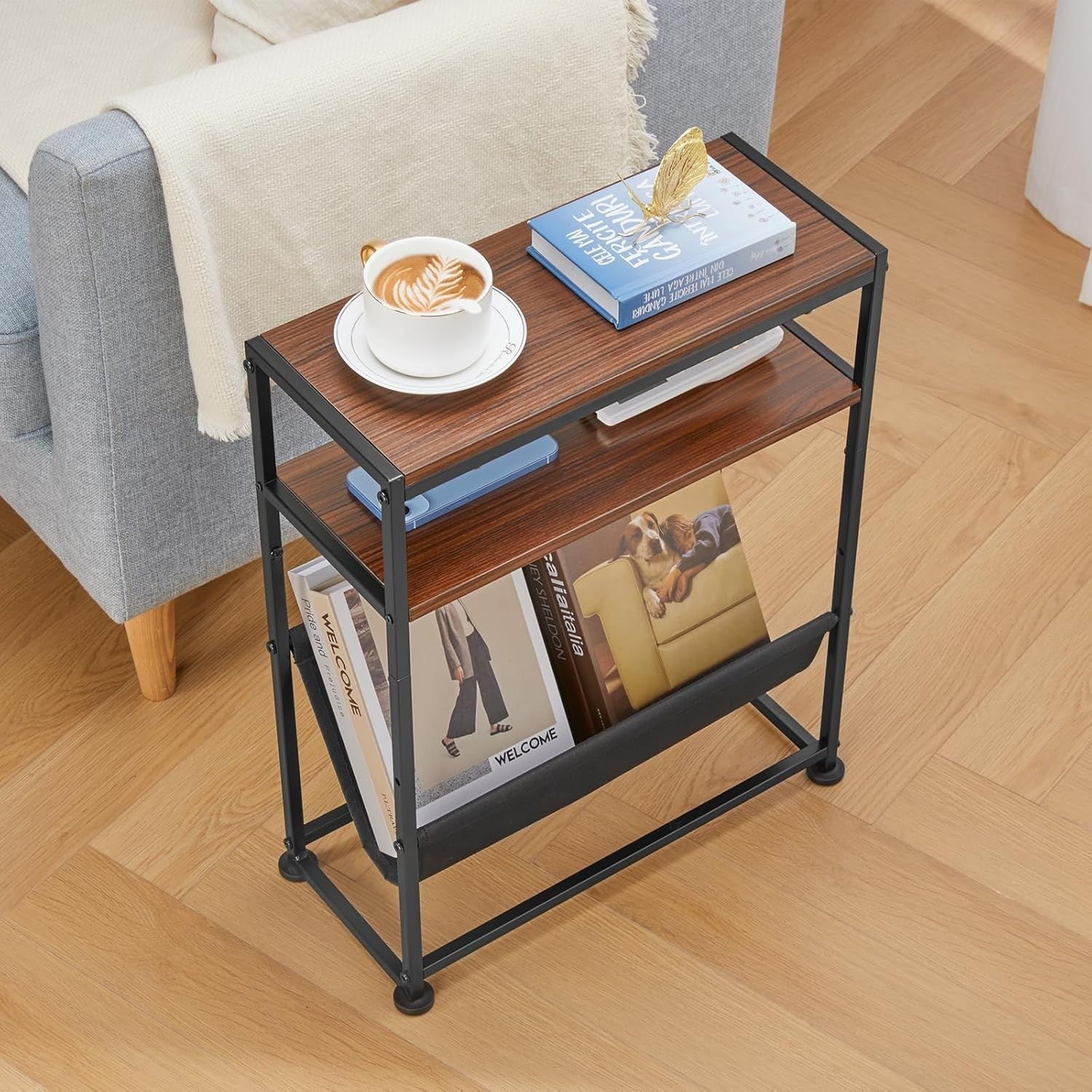 Slim Side Table for Small Spaces – Narrow End Table with Storage & Magazine Rack