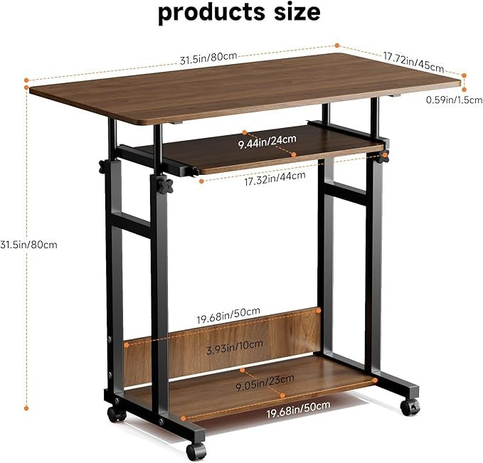 Mobile Computer Desk Adjustable Height Laptop Table with Wheels 80x45cm Brown