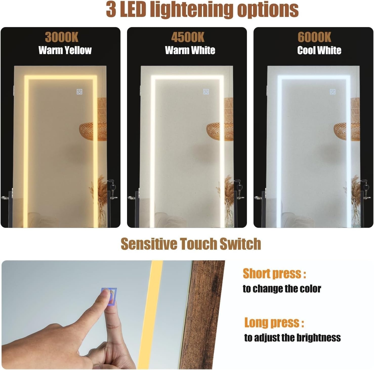 Rustic Brown LED Jewellery Armoire Full Length Mirror Lockable Organizer