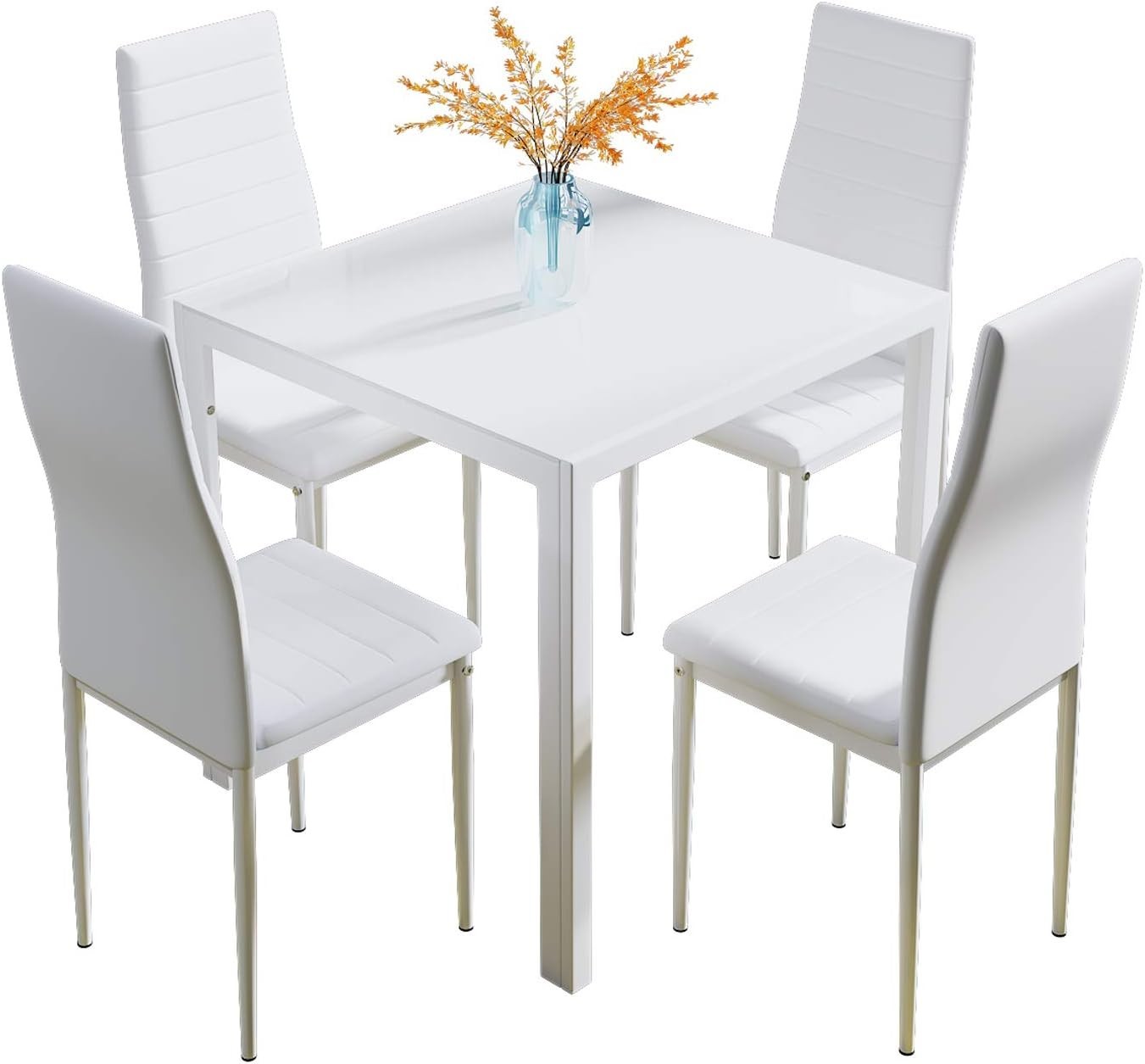 Modern White Glass Dining Table Set with 4 Faux Leather Chairs – 75cm Square