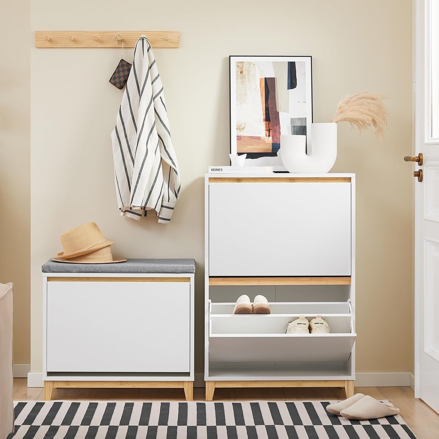Slim White Shoe Cabinet with 2 Flip Drawers Hallway Storage 60x34x91cm