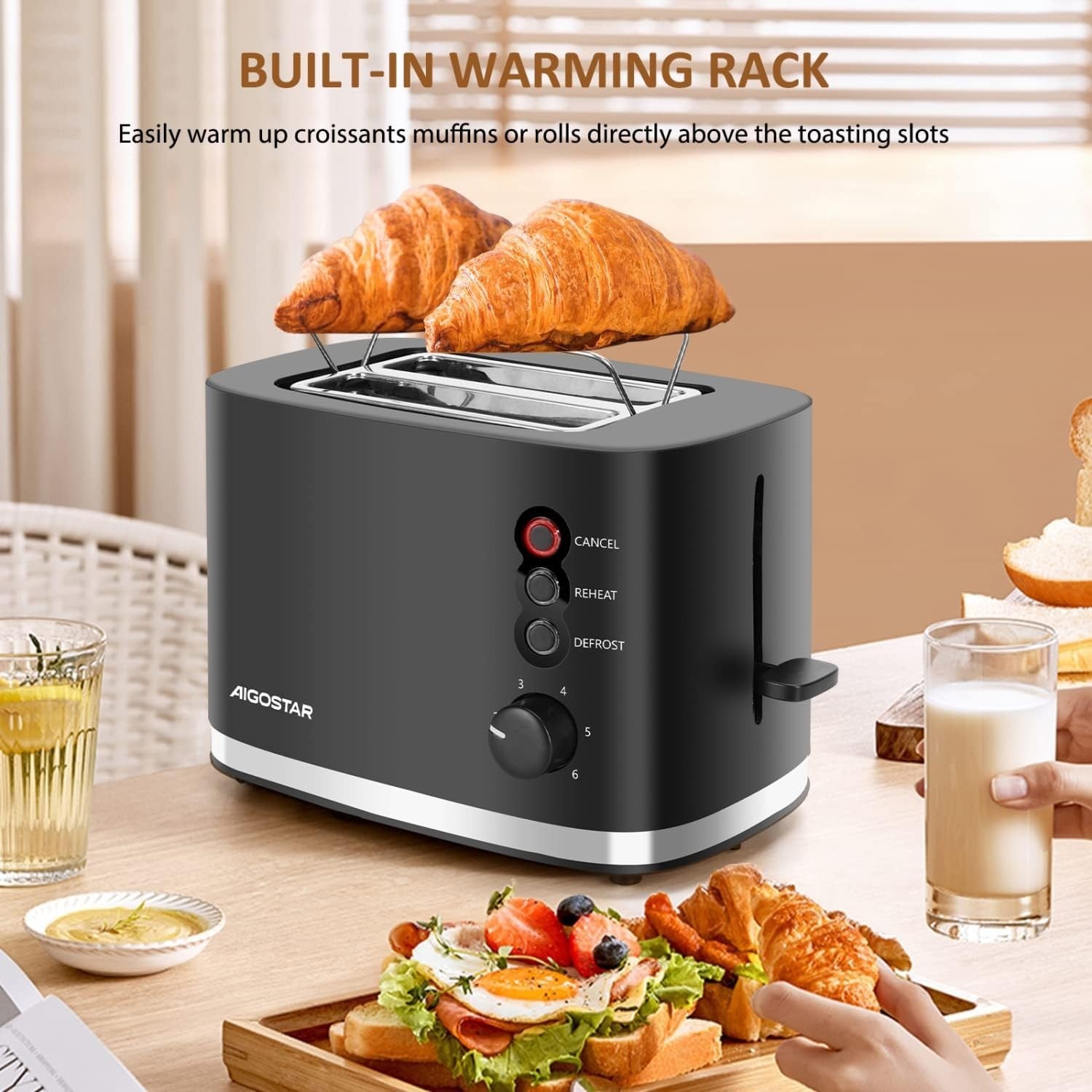 Wide Slot 2-Slice Toaster with Warming Rack, Adjustable Browning, 800W Black