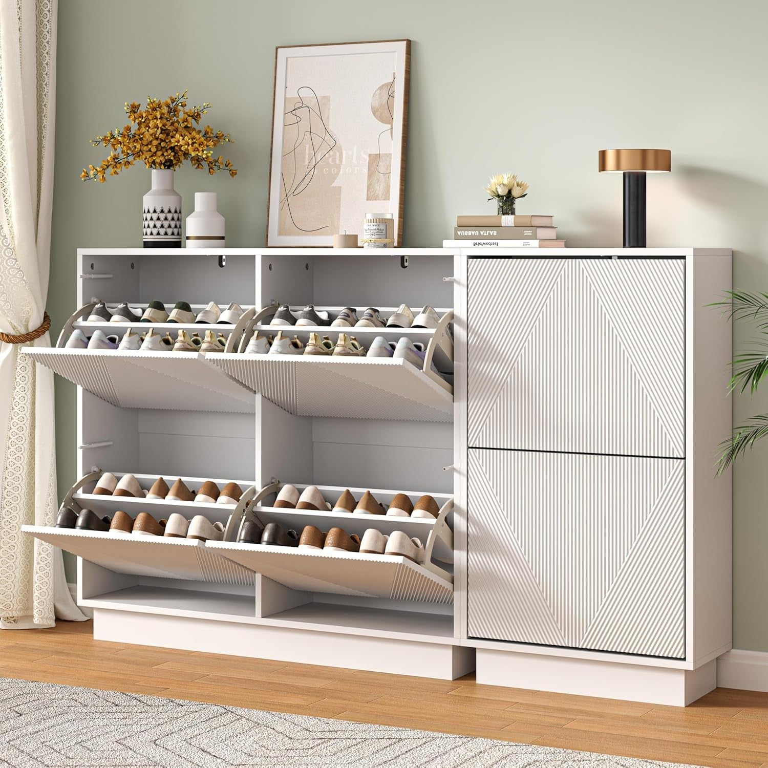 White Slim Shoe Cabinet 4 Flip Drawers | Anti-Tip, 99cm Wide Storage