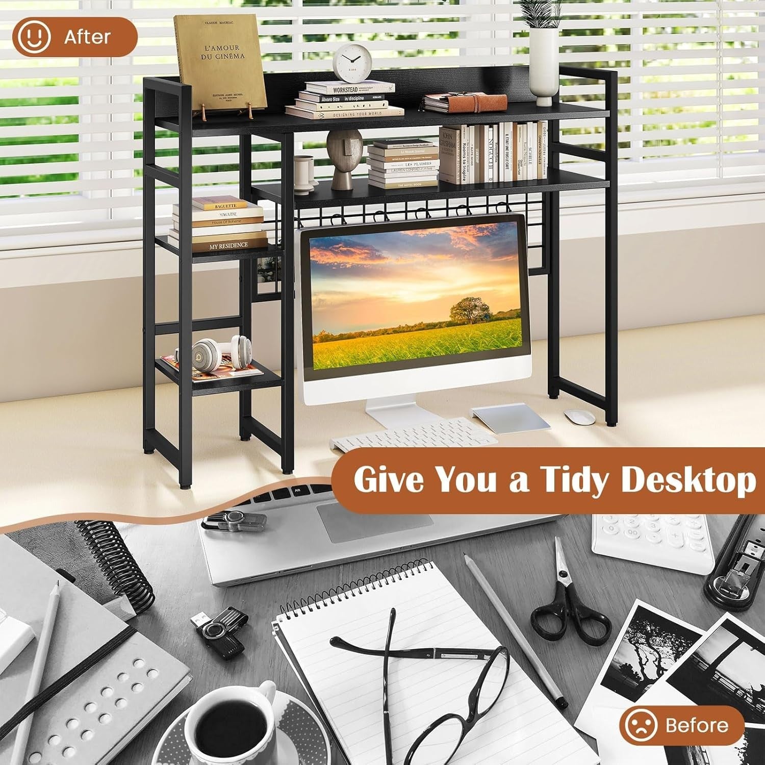 94cm Black Desk Hutch – 4-Tier Desktop Bookshelf w/ Hooks & Metal Frame