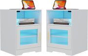 Set of 2 LED Bedside Tables with USB Ports & Charging Station | White