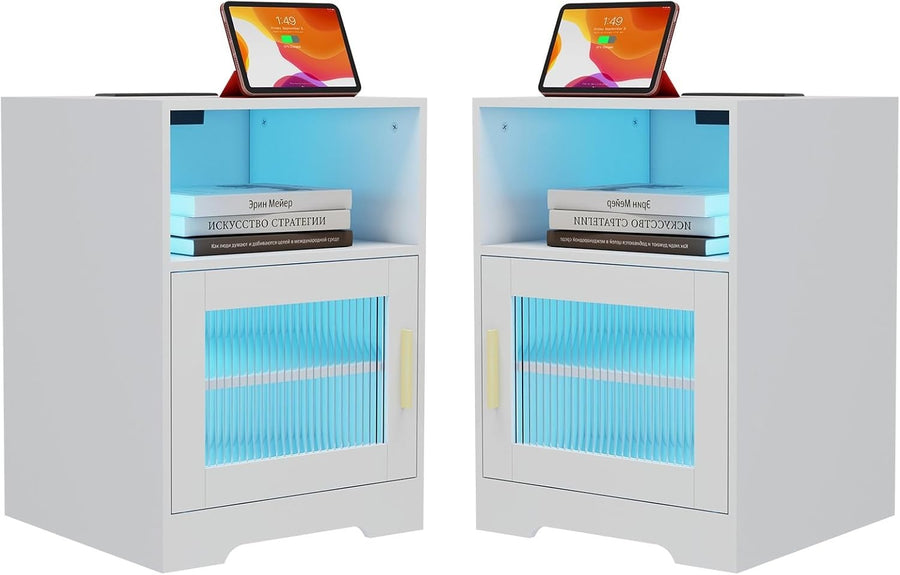 Set of 2 LED Bedside Tables with USB Ports & Charging Station | White