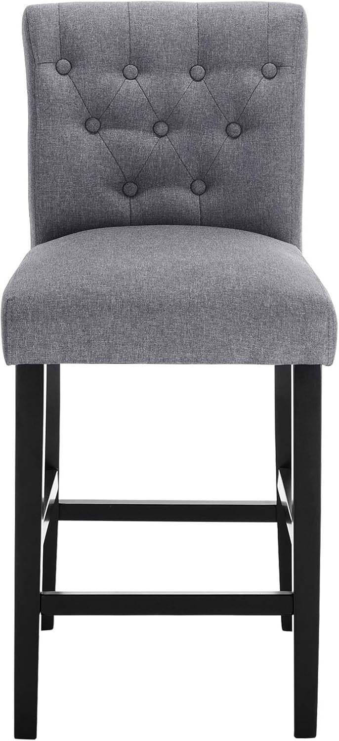 Dark Grey Linen Bar Stools Set of 2 Wooden Counter Chairs with Backrest