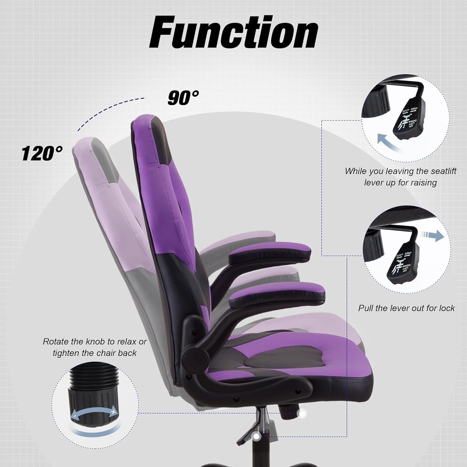 Purple Gaming Chair Office Racing Swivel PU Leather Ergonomic Headrest 200kg
