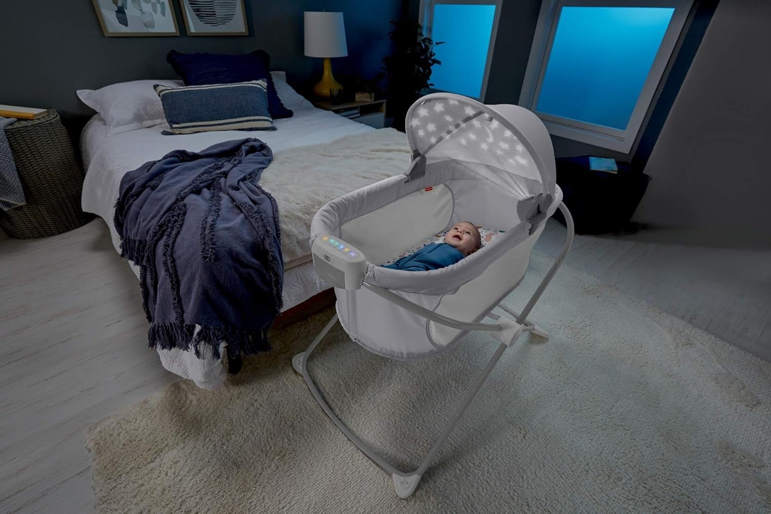 Portable Rocking Baby Bassinet with Lights Music Vibrations Slim Fold Crib Grey