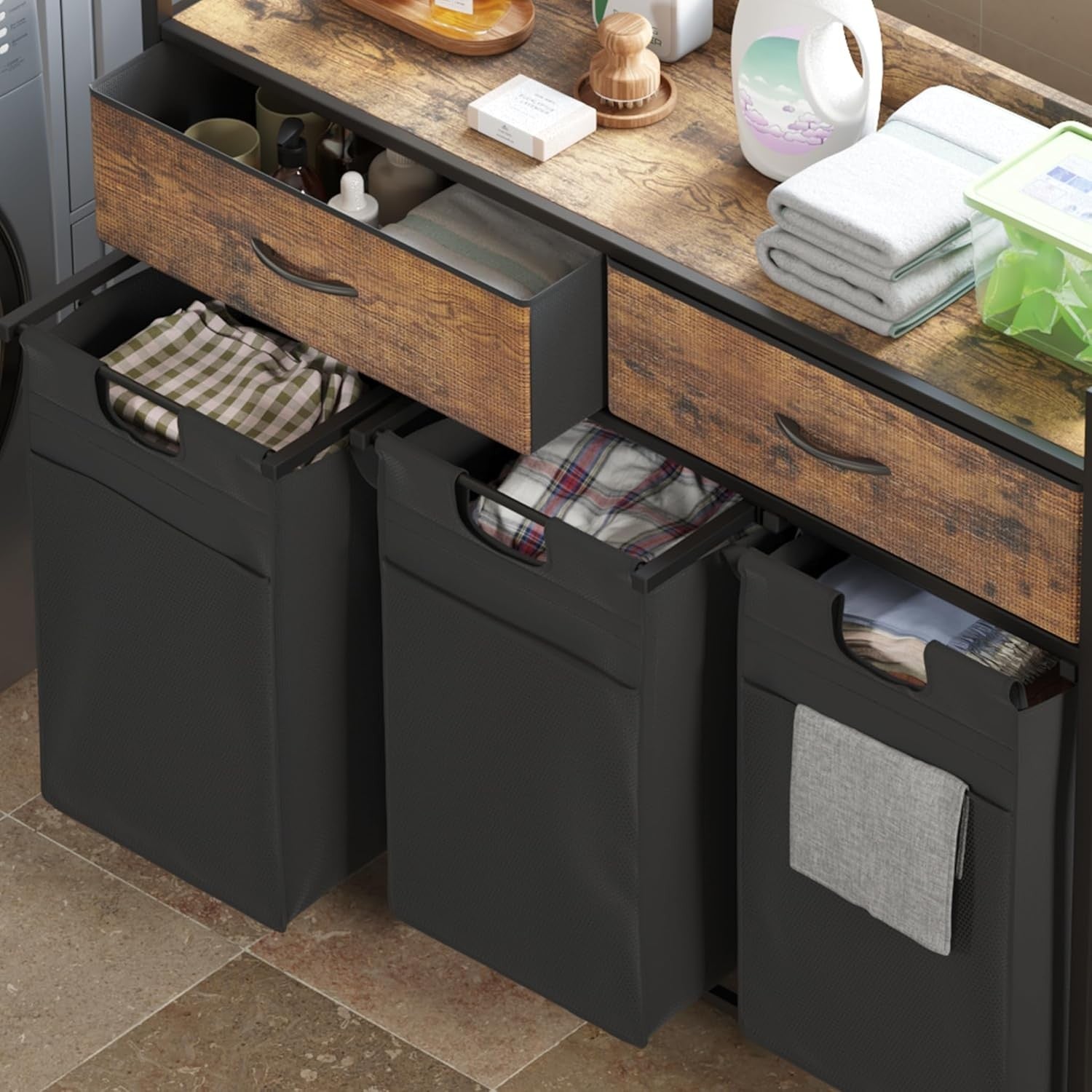 3 Compartment Laundry Sorter on Wheels with Drawers Rustic Brown Black 106cm