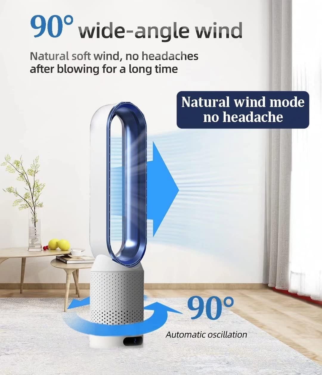 Bladeless Tower Fan 2-in-1 Air Purifier 8-Speed LED Touch Remote Control Blue