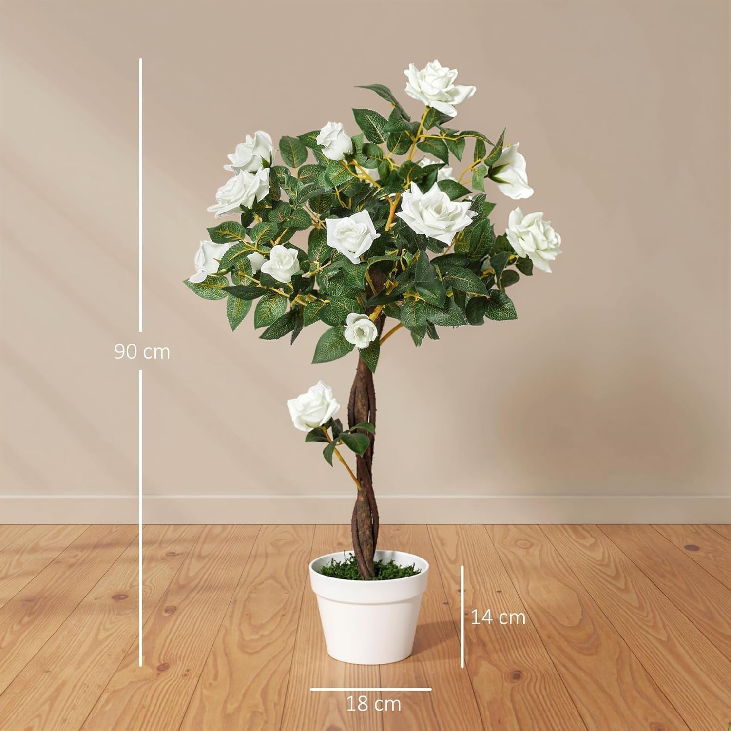 Artificial Rose Tree 90cm / 3ft White Faux Flower Plant Potted Home Garden Decor
