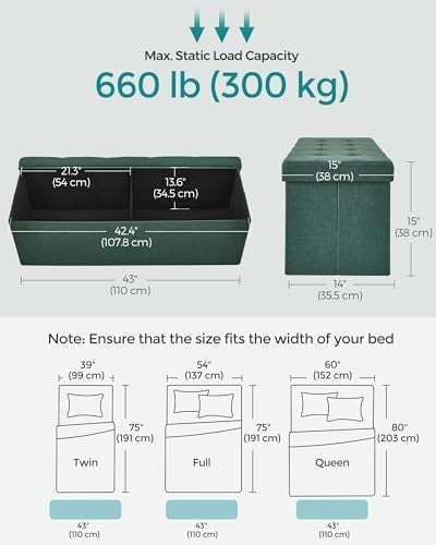 Foldable Storage Ottoman Bench 76cm Linen Seat Retro Green